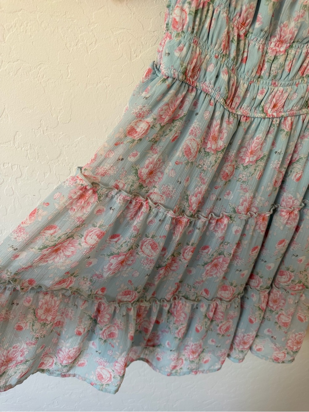 Blue Floral Midi Dress with Pink Roses - Picture 2 of 7